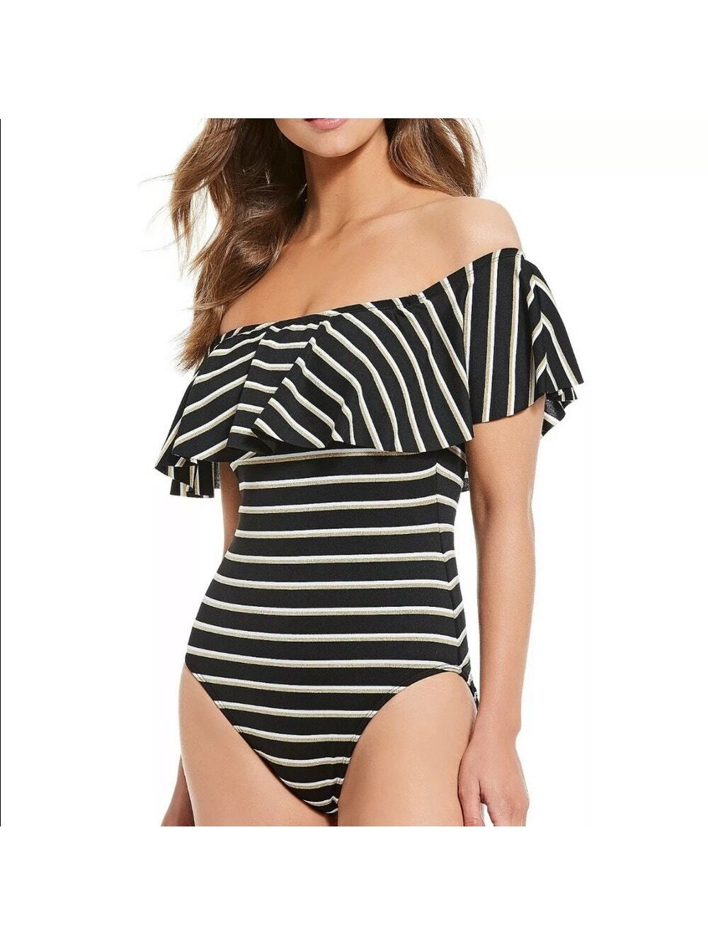Lauren Ralph Lauren Off The Shoulder One Piece Swim Suit Ruffle Black Gold 8